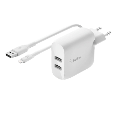 Belkin Boost Charger Dual USB Carregador Rápido 24W + Cabo Lightning Branco