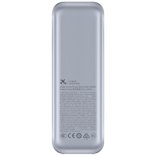 Anker Prime Dual USB-C + USB-A Carregador Rápido Power Bank 20.000mAh Prata